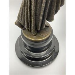 Art Deco style bronze figure of a lady, with foundry mark, raised upon a stepped marble base, H38cm overall