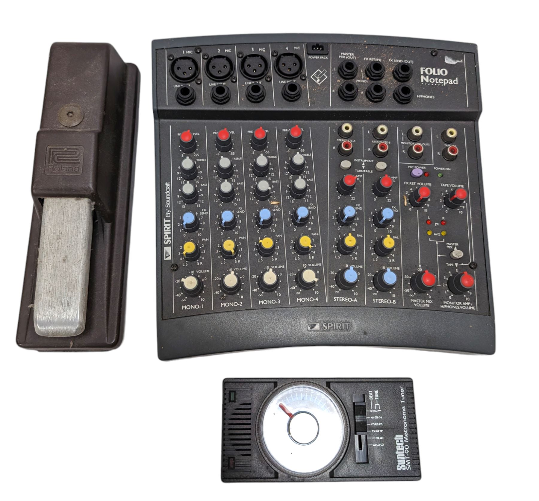 Spirit Folio Notepad mixer, together with a Roland pedal and a Suntech metronome tuner
