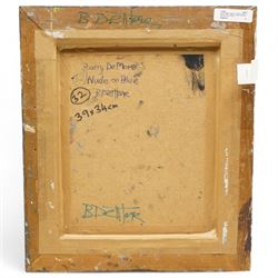 Barry De More (Yorkshire 1948-2023): 'Nude on Blue', oil and impasto on board signed and titled verso 25cm x 20cm
Notes: Acclaimed as one of the North's greatest expressionist artists, Barry De More (1948-2023) used a heavy impasto style to transfer his love of Yorkshire landscapes, townscapes and people to canvas. His work sits comfortably in the company of work by Kossoff and Auerbach, selling to collectors in the UK and overseas. De More's work can be found in the permanent collection of work by Northern Artists at Dean Clough, one of the UK's largest contemporary art galleries.