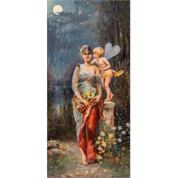 Manner of Hans Zatzka (Austrian 1859-1945): Lady and Cherub in Moonlit Garden, oil on pane...