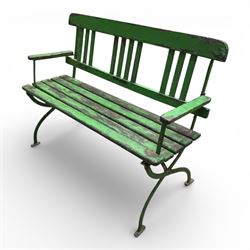 Early 19th century child's garden bench, the wrought iron frame with X frame legs and wood...