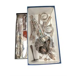 Group of silver, including set of six cake forks, two napkin rings, set of six silver-handled cake forks, silver-handled carving set, etc 
