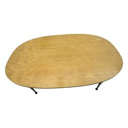 Piet Hein & Bruno Mathsson for Fritz Hansen - contemporary 'superellipse' dining table, oval beech top raised on four chrome supports; set of six Fritz Hansen butterfly-shaped chairs on tubular chrome supports