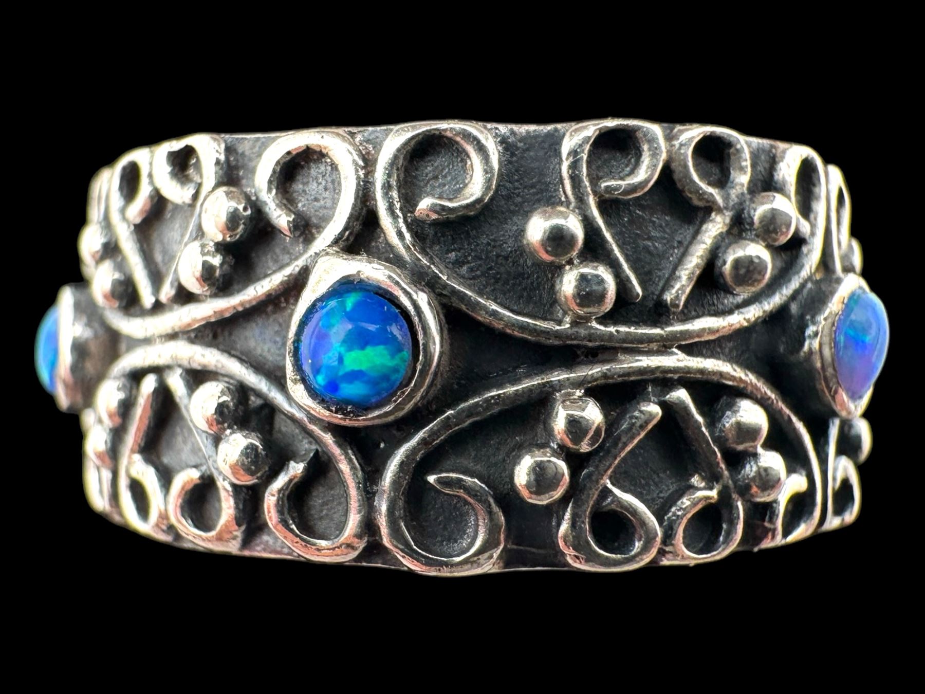 Silver opal filigree band ring, boxed