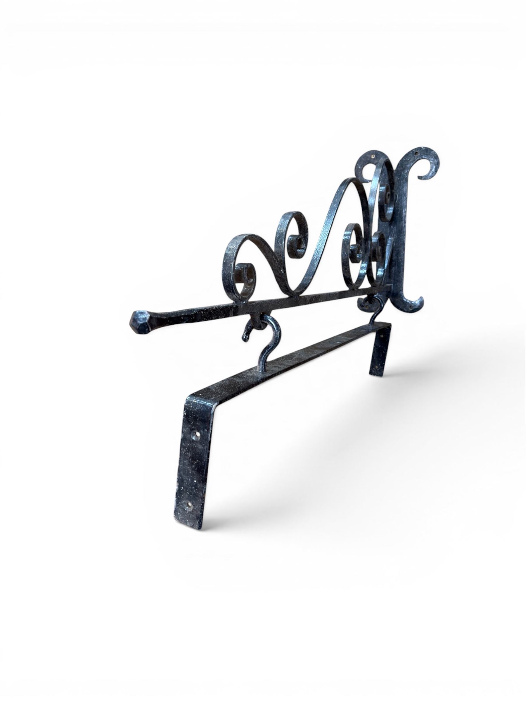Blacksmith made wrought metal wall hanging sign bracket, scrollwork detail, including wall bracket and sign bracket