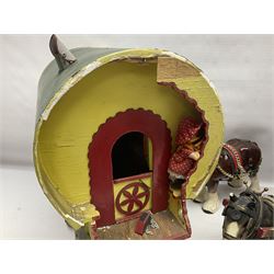 Two ceramic shire horse and gypsy caravans, together with horse brasses 