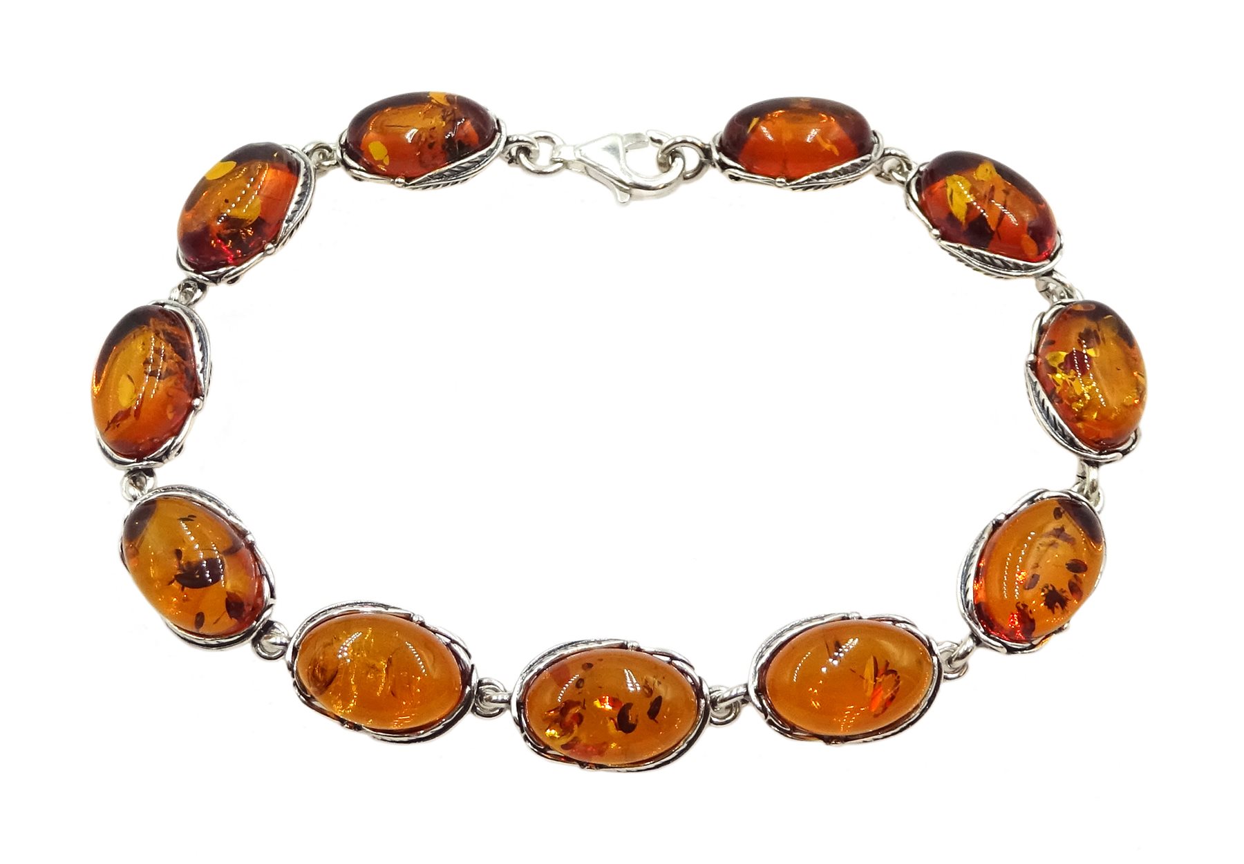 Silver oval Baltic amber link bracelet, stamped 925