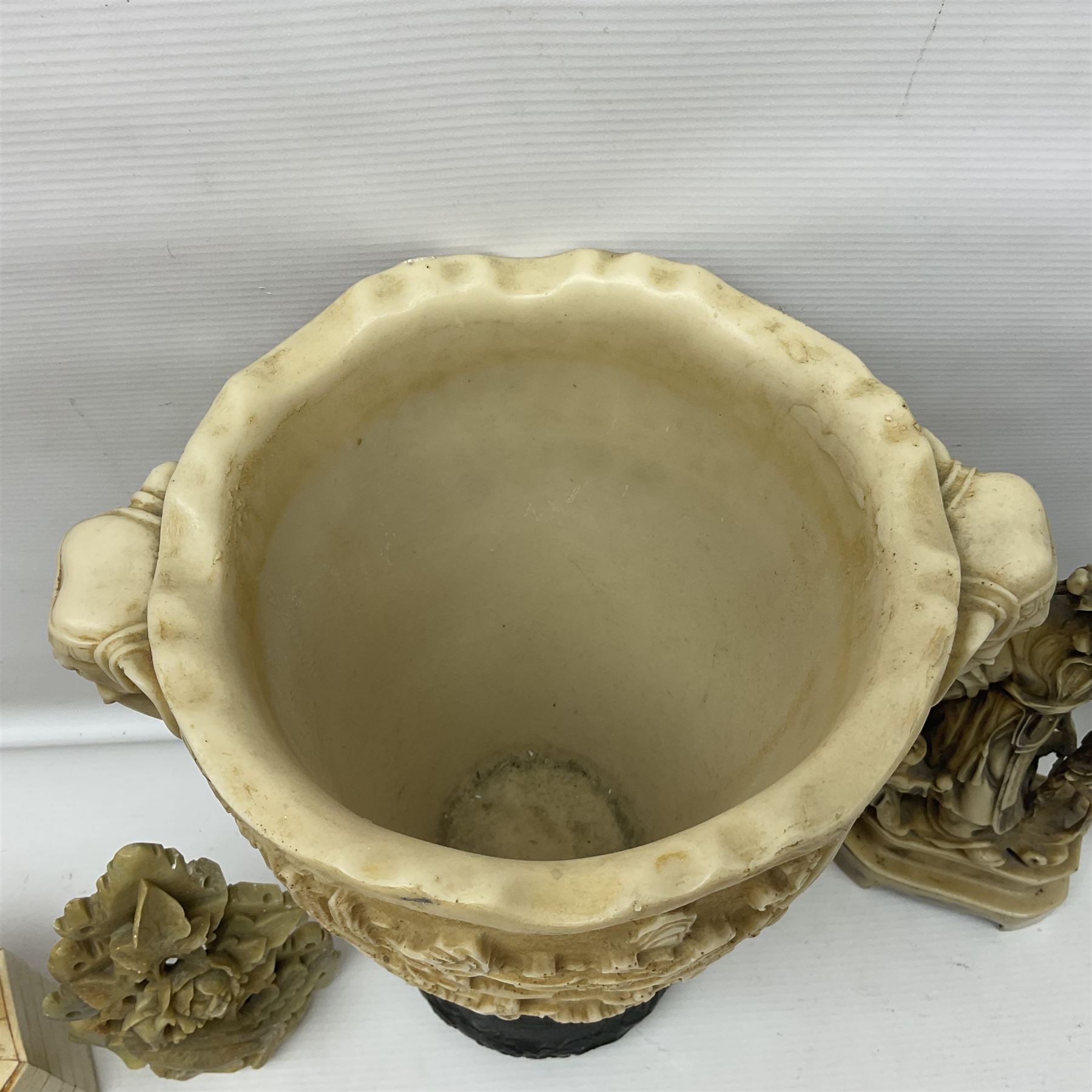 Collection of hardstone and soapstone, including hardstone seal carved temple dogs finial, inscription on base, together with inkwells, vases etc  