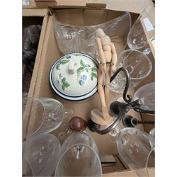 Collection of cut glass and crystal, including Dartington Crystal, glasses, decanters, vases, jug, carved wooden mask, Royal Worcester Evesham dishes, pewter tankard, Langham Glass cat, etc, in seven boxes