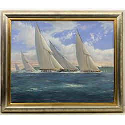 Michael J Whitehand (British 1941-): Racing Yachts off a Castle, oil on canvas signed 79cm x 99cm