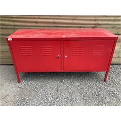 IKEA red painted metal two door media cabinet with keys - THIS LOT IS TO BE COLLECTED BY APPOINTMENT FROM DUGGLEBY STORAGE, GREAT HILL, EASTFIELD, SCARBOROUGH, YO11 3TX