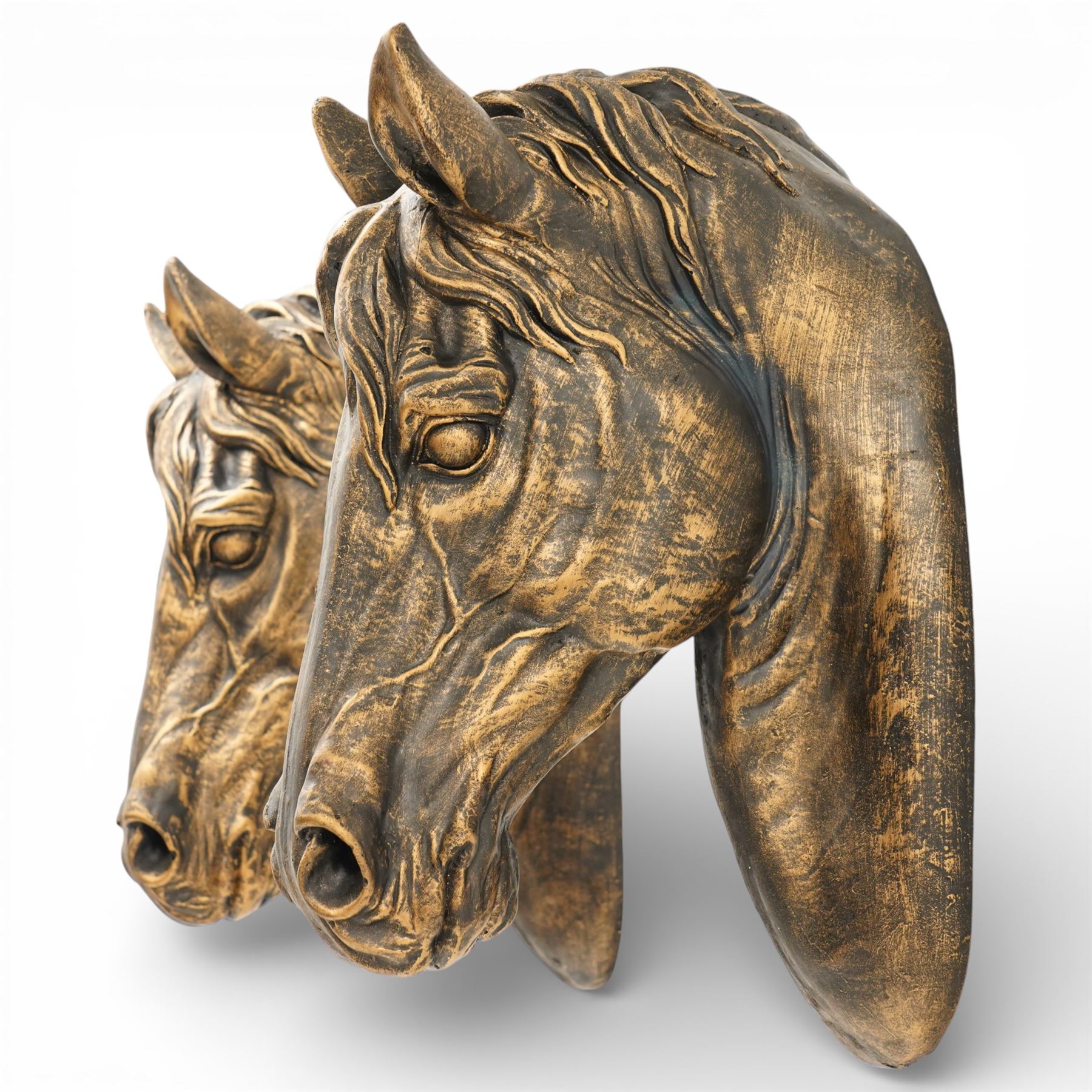 Pair of bronzed painted metal horse head wall mounts, 51cm 