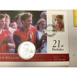 Eight coin covers including, 'Her Majesty Queen Elizabeth II 70th Birthday' containing a 1996 Canadian one ounce silver coin, three coin covers commemorating the 21st Birthday of HRH Prince William each containing a silver coin, '1895 1952 A Tribute to HM King George VI' containing a South Africa 1952 five shilling coin, 'The Notting Hill Carnival' containing a 1998 fifty pence etc (8)
