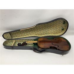 German trade violin c1900 stamped PAGANINI with 35.5cm two-piece maple back and ribs and spruce top L58.5cm overall; in carrying case; and another German trade violin for spares or repair; in carrying case (2)