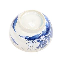 18th century and later English blue and white ceramics, including late 18th century Liverpool bowl with chinoiserie decoration, Worcester teapot decorated with flowering branches, and four leaf bowls, Liverpool bowl D21cm 