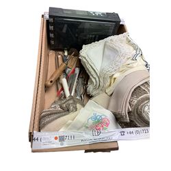 Grundig Satellit 500 radio, table linen, Cambridge University car badge, hip flask, various flatware etc in two boxes