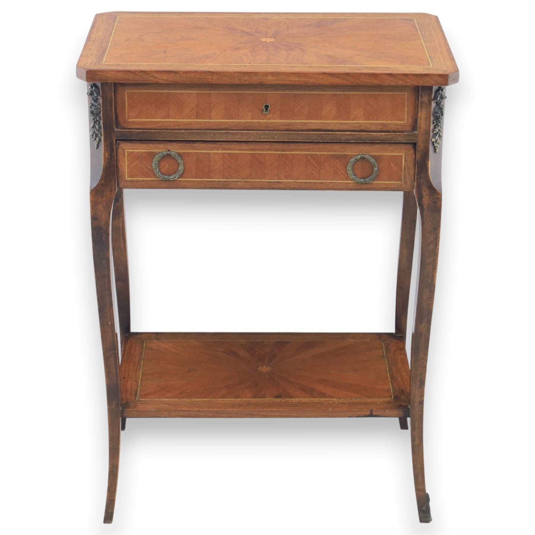 20th century French kingswood inlaid worktable, hinged top with divided compartment, above a single frieze drawer with brass pulls, gilt mounted tapered supports united by and undertier