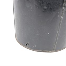 Early 20th century Japanned tole tea cannister lamp, of cylindrical form with tapering top, decorated in gilt with a figure in a garden setting, including fittings H73.5cm