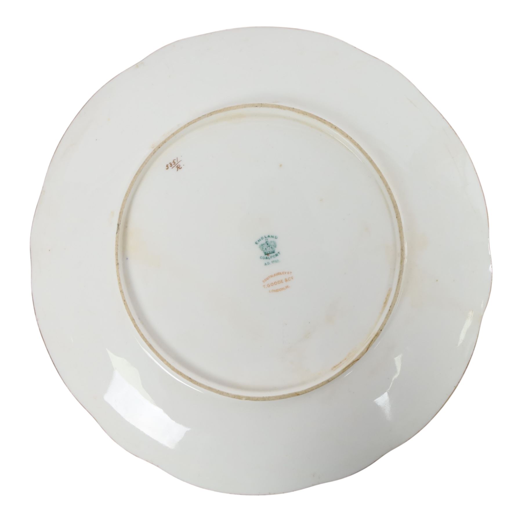 20th century Coalport plate, the centre painted with apples and grapes, signed FH Chivers, with fluted edge, the border decorated with gilt swags and scrolling foliage on a dark blue ground, green printed mark beneath, D23cm 