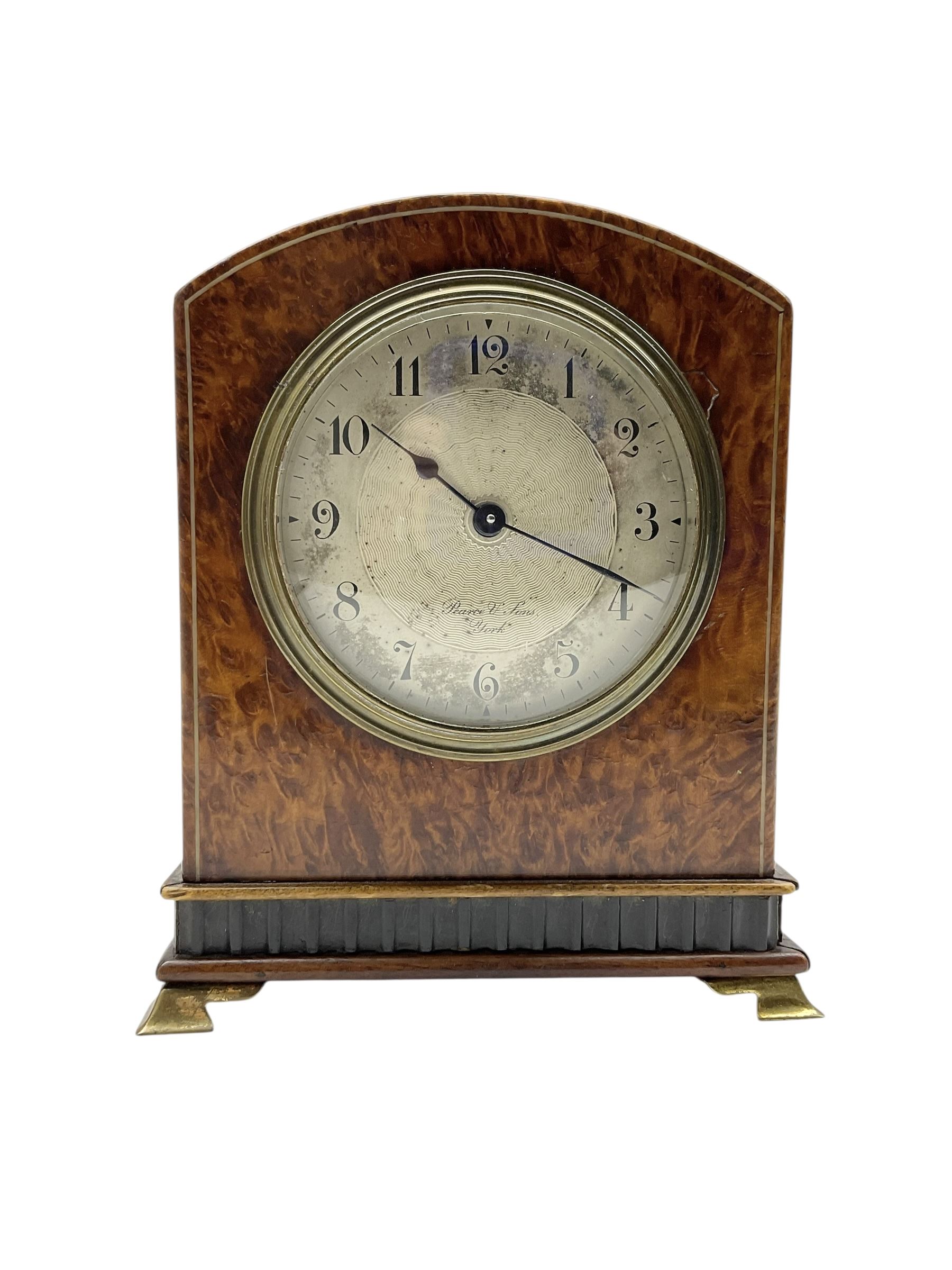 Edwardian-  8-day timepiece mantle clock with a silvered engine turned dial and platform escapement.