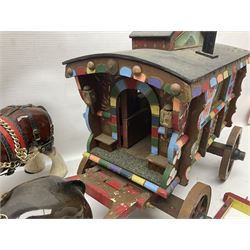 Two ceramic shire horse and gypsy caravans, together with horse brasses 