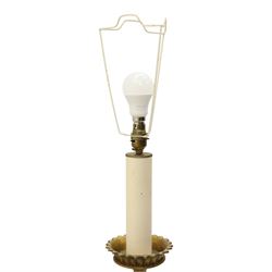 Neoclassical design table lamp, black painted and gilt metal column with fluted central section, foliate and stiff leaf cast decoration, on circular spreading base, fitted with shade frame