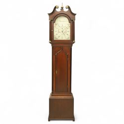 Thomas Hawkswell of Brompton (Nr Pickering-Yorks), 8-day oak cased longcase clock with a swan necked pediment and central brass finial, break arch hood door flanked by reeded pilasters with brass capitals, trunk with canted corners and a spire topped door, square plinth raised on a shaped skirting, painted dial with floral spandrels and makers name to the arch, with Roman numerals, calendar and seconds dial and pierced steel hands, dial pinned to a twin train rack striking movement, striking the hours on a bell. With weights and pendulum.