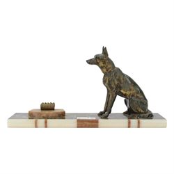 Art Nouveau, spelter figure of German shepherd upon a rectangular marble plinth, H28cm, L55cm