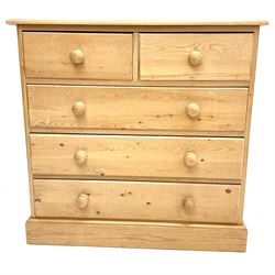 Pine chest, two short and three long drawers, platform base 