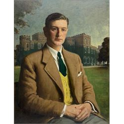 Frederick (Fred) William Elwell RA (British 1870-1958): 'Lt. Col. Norman R Grimston DSO', half length portrait with the family seat Grimston Garth in the background, oil on canvas signed and dated 1948, titled and inscribed verso 90cm x 70cm
Notes: Grimston was held, as part of the manor of Roos, from the mid-12th century by the Grimston family. The manor of Garton with Grimston passed down to Thomas Grimston
of Kilnwick-on-the-Wolds in 1780 who built the present Grimston Garth in 1781-6 as a summer residence. The estate descended in the family to Thomas’s grandson Marmaduke Grimston (1826-1879) the last of the male line. It was through his daughter Rose, wife of George Hobart, that it passed to their daughter Armatrude Rose Sophia Effie Bertie, Lady Waechter in 1927. Lady Waechter, who took the additional name de Grimston, gave the estate to her cousin Norman Grimston in 1946, the last family incumbent who sold the house in 1949
Provenance: East Yorkshire private collection purchased Dee Atkinson and Harrison 16th July 1995 Lot 554