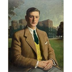 Frederick (Fred) William Elwell RA (British 1870-1958): 'Lt. Col. Norman R Grimston DSO', half length portrait with the family seat Grimston Garth in the background, oil on canvas signed and dated 1948, titled and inscribed verso 90cm x 70cm
Notes: Grimston was held, as part of the manor of Roos, from the mid-12th century by the Grimston family. The manor of Garton with Grimston passed down to Thomas Grimston
of Kilnwick-on-the-Wolds in 1780 who built the present Grimston Garth in 1781-6 as a summer residence. The estate descended in the family to Thomas’s grandson Marmaduke Grimston (1826-1879) the last of the male line. It was through his daughter Rose, wife of George Hobart, that it passed to their daughter Armatrude Rose Sophia Effie Bertie, Lady Waechter in 1927. Lady Waechter, who took the additional name de Grimston, gave the estate to her cousin Norman Grimston in 1946, the last family incumbent who sold the house in 1949
Provenance: East Yorkshire private collection purchased Dee Atkinson and Harrison 16th July 1995 Lot 554