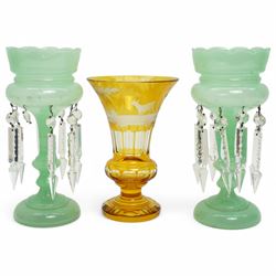 Pair of 19th century Jadeite green glass lustre vases H27cm and a Bohemian amber glass vas...