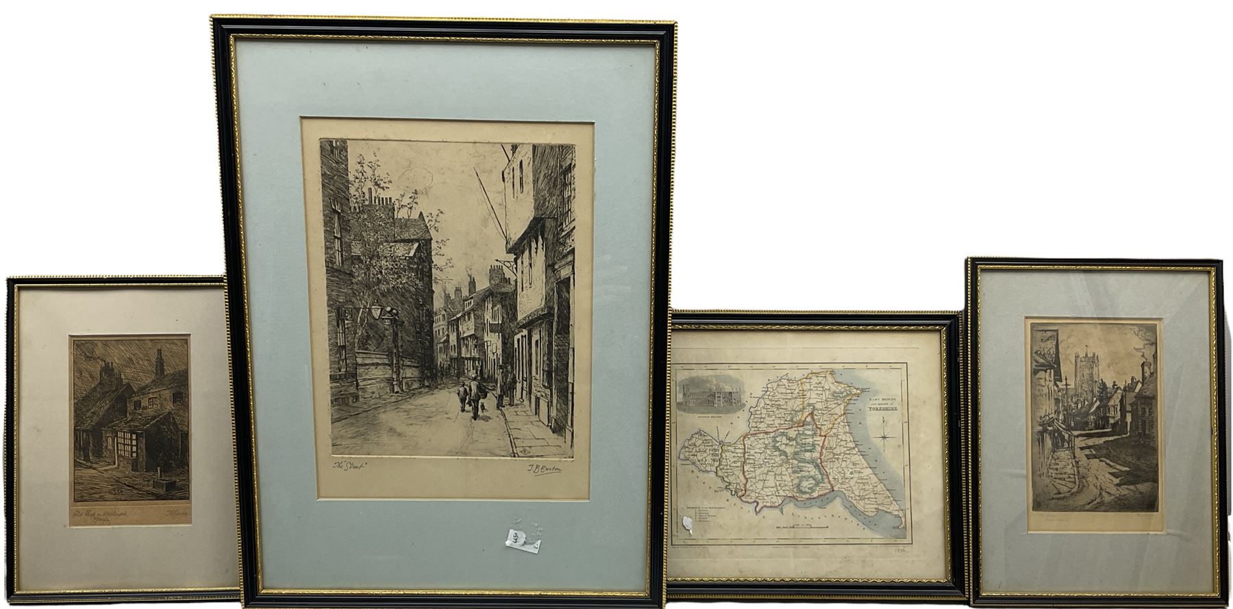 Thomas Bonfrey Burton (Beverley 1886-1941): 'The Street' and 'Old Shops in Walkergate Beverley', two etchings signed and titled in pencil; Wilfred Stephens (British early 20th century): 'The Priory - Christchurch', etching signed and titled in pencil; James Neele (British 1791-1868) after George Kemp (British fl.1823-1843): 'East Riding and Ainsty of Yorkshire' with Vignette of Beverley Minster, engraved map with hand colouring pub. 1836 max 30cm x 23cm (4)