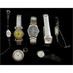  Collection of wristwatches including Longines Opposition stainless steel L3.126.4, Seiko SQ 100, Audax, two cocktail watches and a silver fob pocket watch   