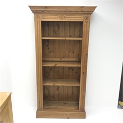  Solid pine 6' open bookcase, projecting cornice, dentil frieze, three adjustable shelves, plinth base, W97cm, H184cm, D37cm  