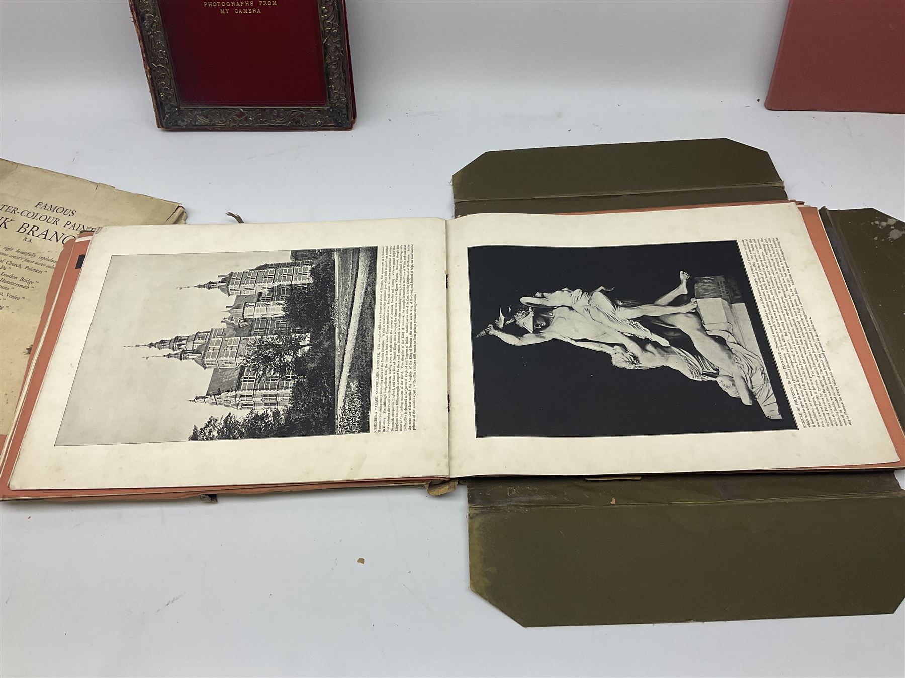 Queen Alexandra's Christmas Gift Book: Photographs From My Camera, Daily Telegraph, 1908, with silver mounted cover, the pierced frame modelled as flowers of The Union, hallmarked London 1908, no visible makers mark, Famous Water-colour painters I.-Frank Brangwyn, R.A., and II. W. Russell Flint, A.R.A., The Studio Limited, 1928, each with colour plates, John L Stoddard's Portfolio of Photographs of Famous Cities Scenes and Paintings, The Werner Company, etc., in one box 