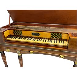 James Rigg, London -early 19th century mahogany and maple square piano c1817, with a 68 key compass (A-C) original hammers, jacks and felt, satinwood interior with ebony and ivory keys, the fretwork interior back inscribed 'James Rigg, 3 Providence Row, Finsbury Square, London', decorated with twist gilt metal edging, fitted with three drawers, on Gillows design turned and reeded supports with brass cups and castors.

This item has been registered for sale under Section 10 of the APHA Ivory Act