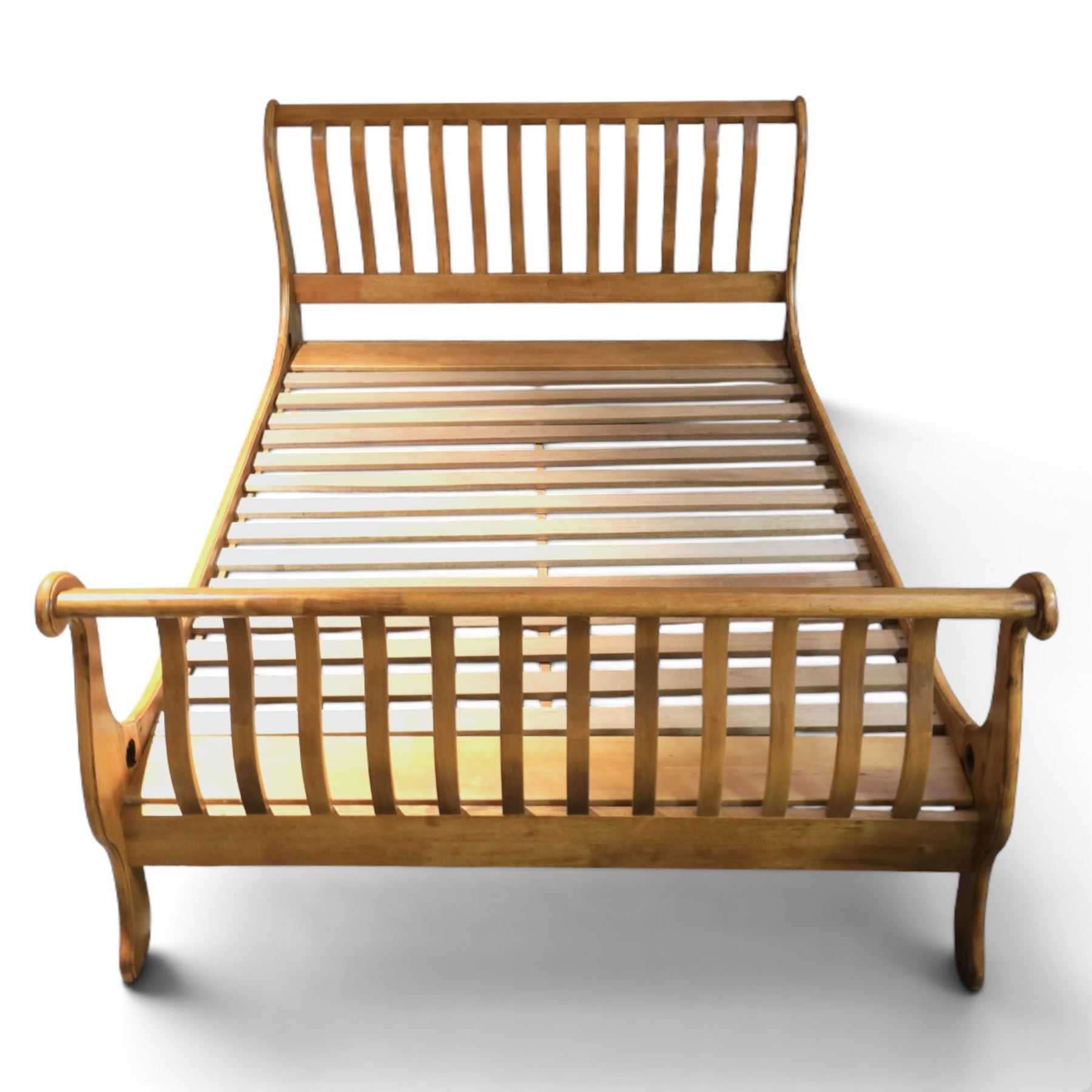 Willis & Gambier - fruitwood double sleigh bed with a slatted wooden base