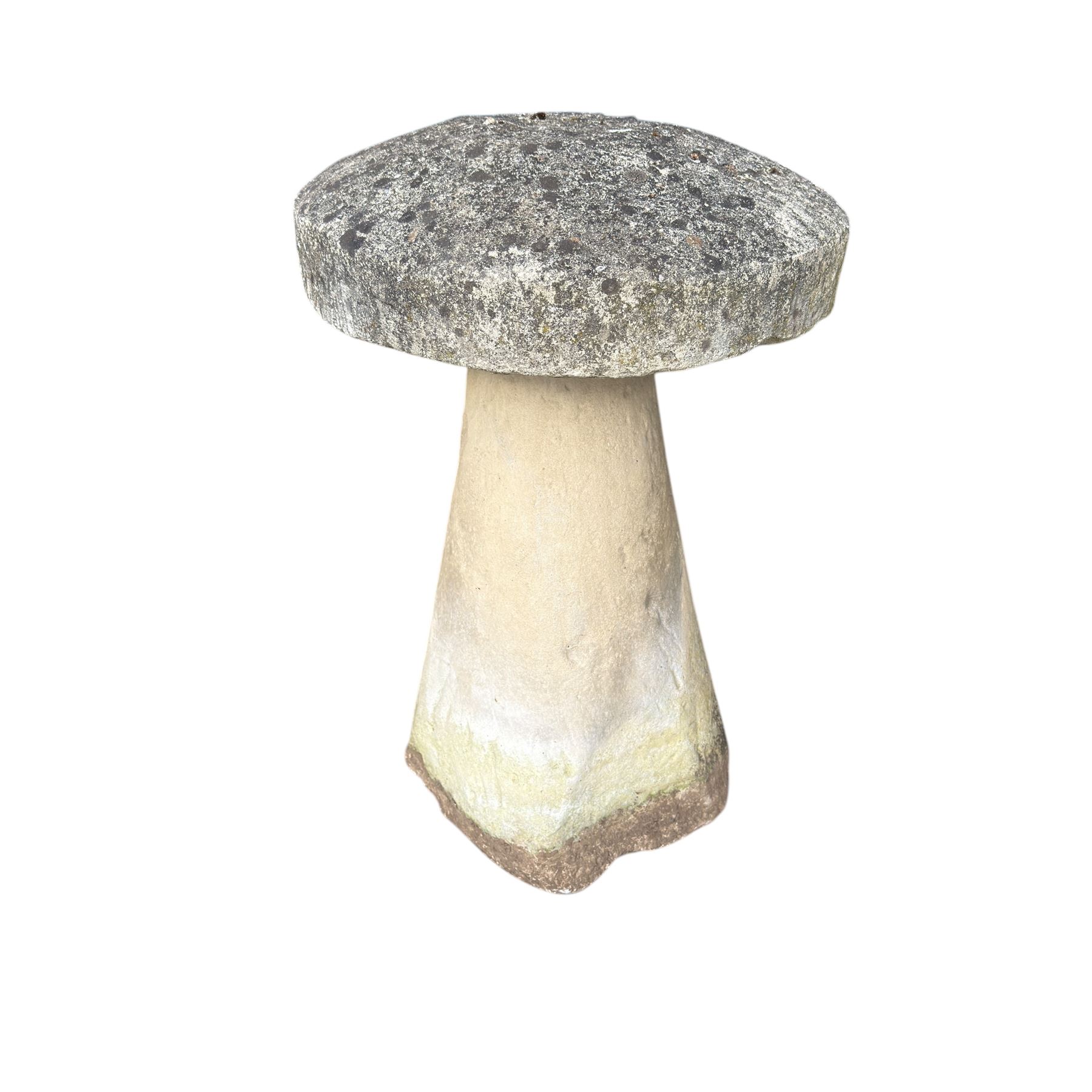 Weathered cast stone staddle stone with circular top raised on tapered base