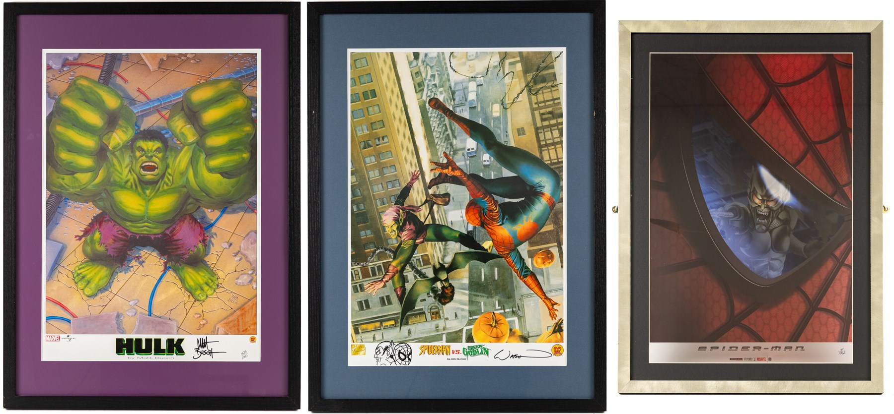 Three limited edition Dynamic Forces Marvel prints, comprising Spider-Man Reflection of Evil no. 141/1962, Spider-Man vs. Green Goblin signed by artist John Watson and The Hulk Bursting Out signed by artist Matt Busch limited no. 428/1000 with certificate of authenticity, largest H57cm, W38cm
