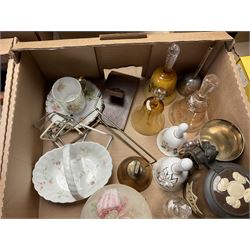 Collection of glass and ceramics, to include Spode coffee cup, vases, bells etc, in two boxes  