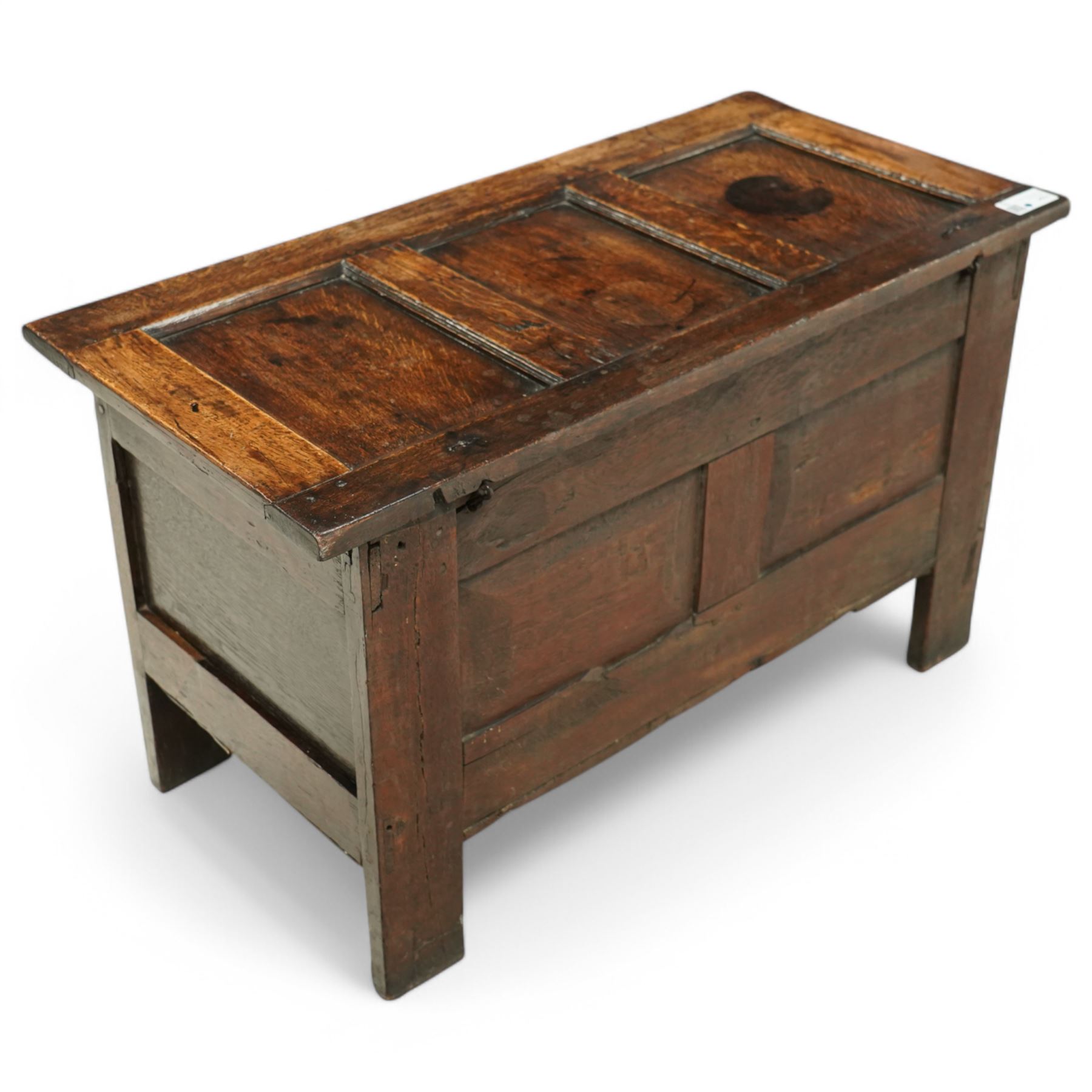 19th Century oak blanket chest, all-over panelling, hinged top with brass latch lock