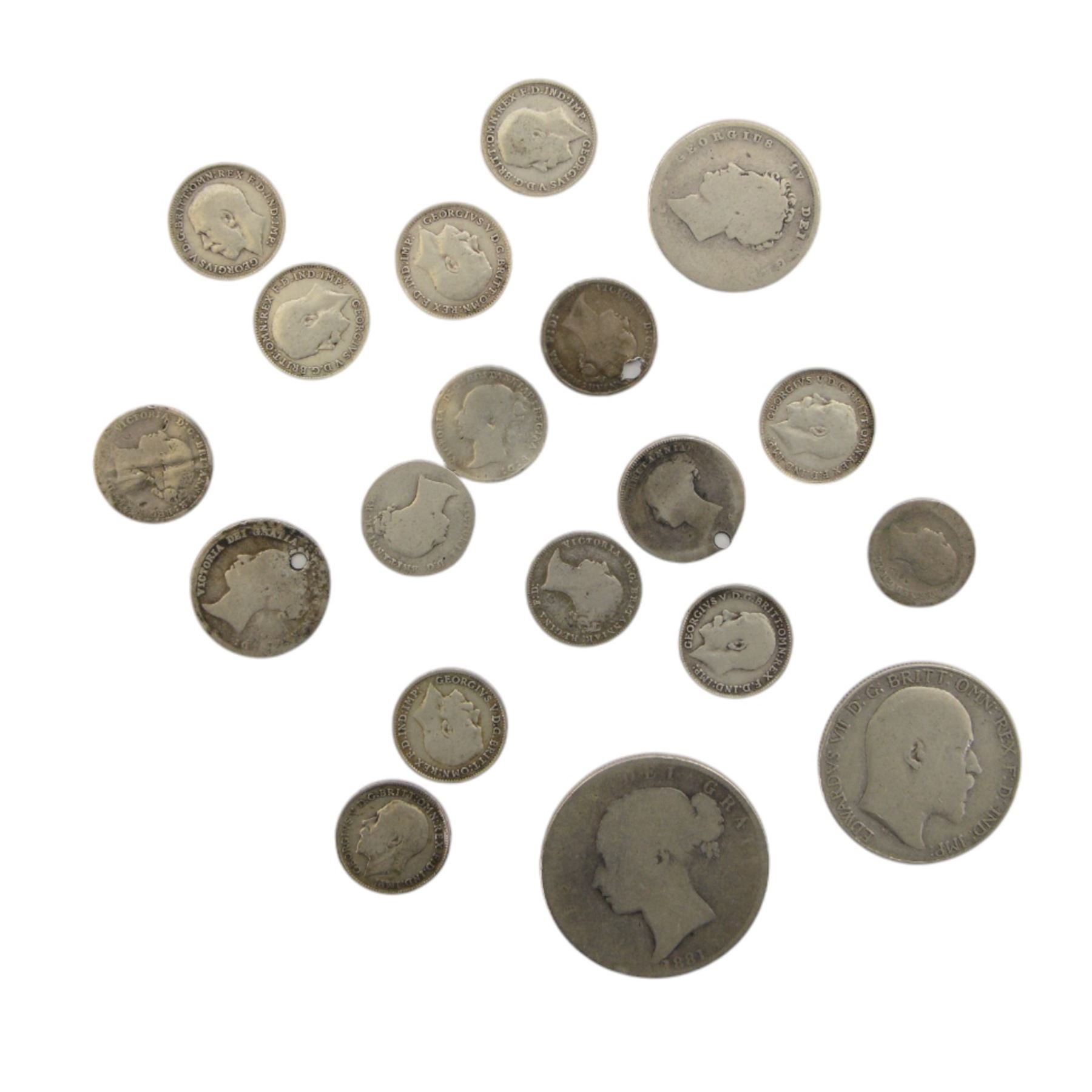 Approximately 50 grams of pre 1920 and approximately 47 grams of pre 1947 Great British silver coins, King George V India 1911 one rupee, South Africa 1897 two and a half shillings (holed) and other coinage