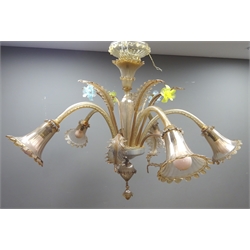  Early 20th century Venetian five light chandelier, having spiral twist S shaped branches with coloured glass flower heads and scrolling leaves, H80cm   