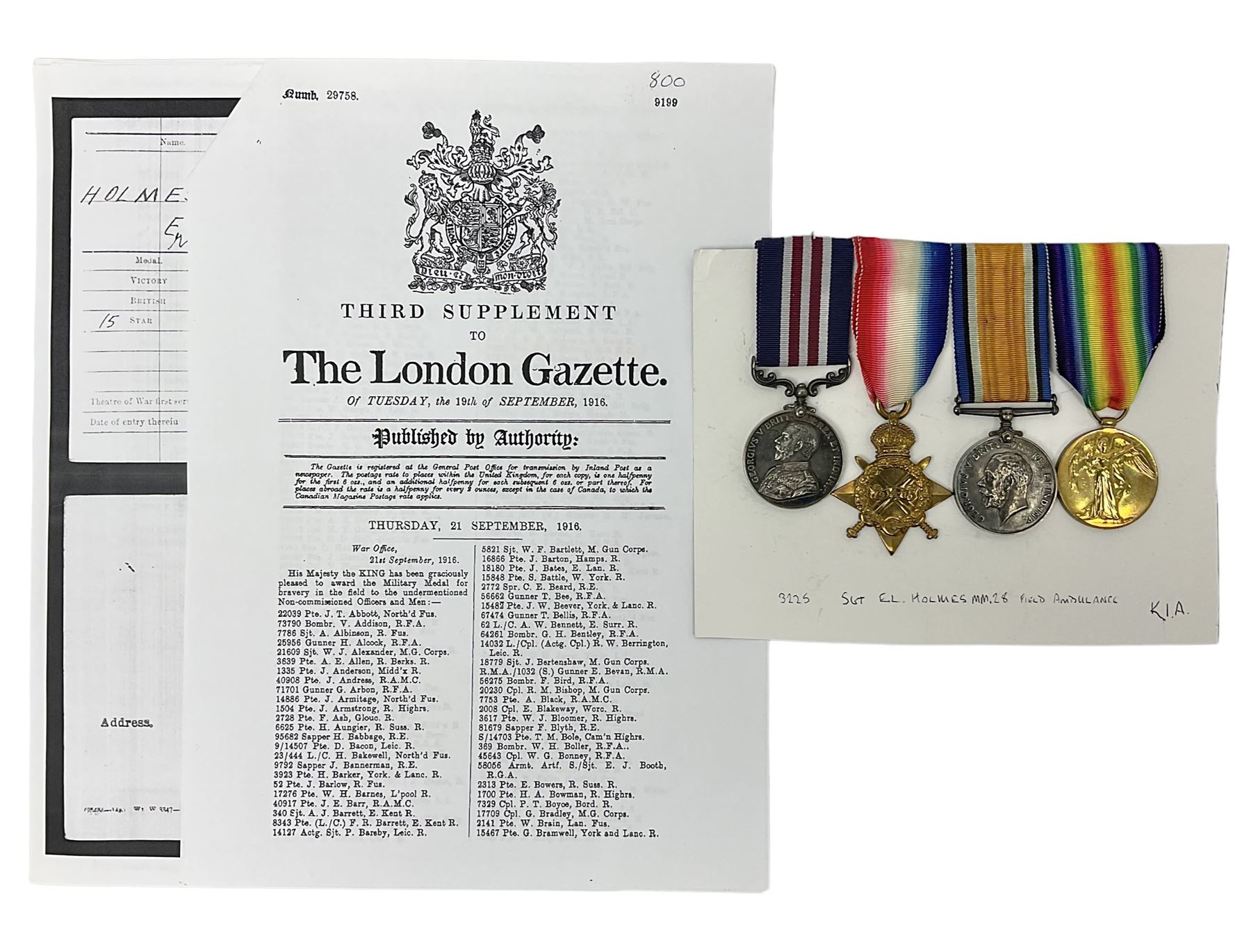 WW1 Military Medal KIA group of four comprising MM, British War Medal, 1914-15 Star and Victory Medal awarded to 32225 Pte. (later A.Sjt.) E.L. Holmes R.A.M.C., the MM inscribed 28F/A R.A.M.C.; all with ribbons; together with photocopied research material including newspaper article with presentation photograph, CWGC certificate,  London Gazette entry etc