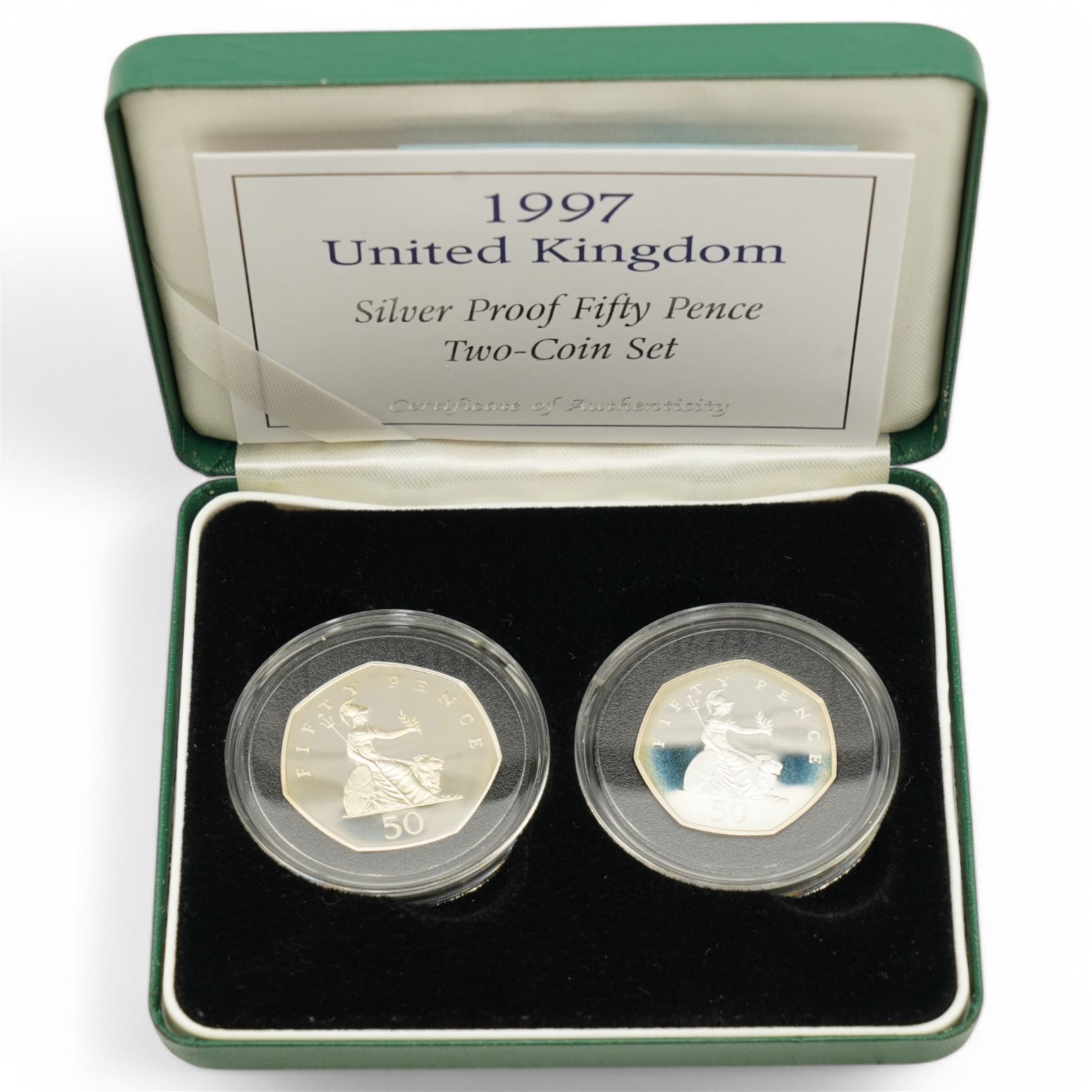 Six The Royal Mint United Kingdom silver proof coins or sets, comprising 1986 'XIII Commonwealth Games', 1997 two pounds, 1997 fifty pence two-coin set, 1997-1998 two pound two-coin set, 2005 '400th Anniversary of the Gunpowder Plot' fifty pence and 2020 'Withdrawal from the European Union' fifty pence, all cased with certificates