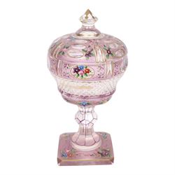 Victorian glass bon bon dish and cover, decorated with hand painted flowers and gilt detail, upon a knopped stem and square base, H22cm