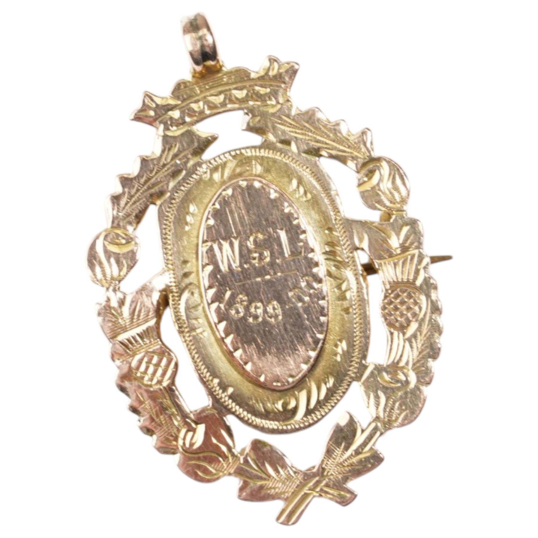 Victorian 9ct gold fob medallion, engraved H.R.F.C, F. Beamiss verso, Birmingham 1900