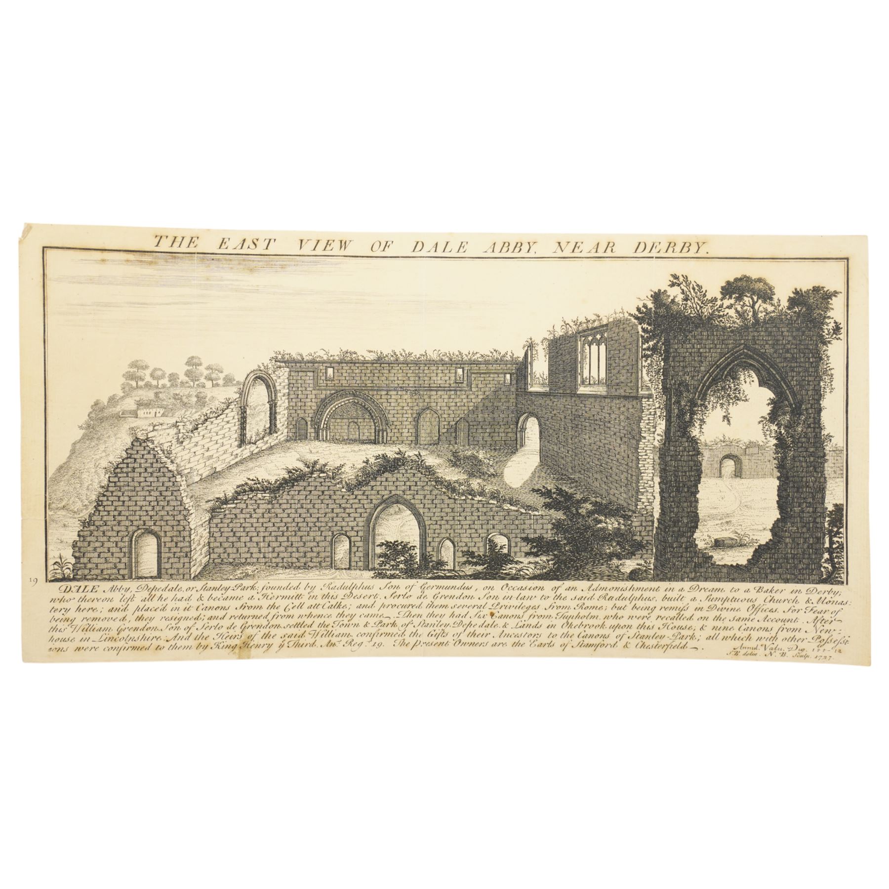 Samuel Buck (British 1696-1779) and Nathaniel Buck (British 18th century): 'West View of Codenor Castle in the County of Derby' 'East View of Dale Abby near Derby' and 'South View of Halton Castle in the County of Chester', set three 18th/19th century prospect map engravings originally pub. 1727 max 26cm x 45cm (3)
Provenance: English Heritage