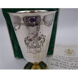 Modern limited edition silver goblet to commemorate the 350th anniversary of the Act of Parliament founding the Company of Cutlers, the tapering cylindrical bowl engraved with crest, with gilt interior and upon parcel gilt textured knopped stem and pierced circular foot, hallmarked James Dixon & Sons, Sheffield 1974, number 21/210 , in original fitted box with paperwork